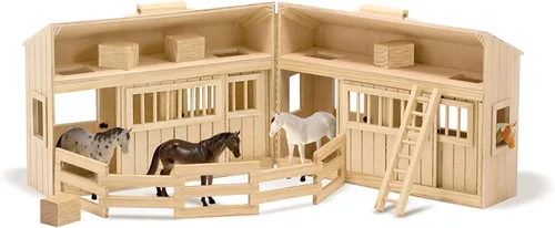 Vista 9 de Melissa & Doug Casa de muñecas de madera Fold and Go con establo de caballos con asa y caballos de juguete (11 piezas)