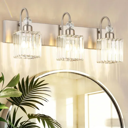 Vista 14 de Ralbay Modernas luces LED de cristal para tocador de baño, 3 luces de acero inoxidable, luces de tocador de cristal sobre el espejo, accesorios