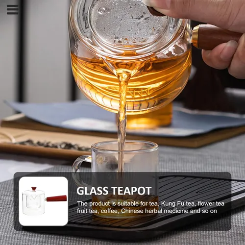 Vista 7 de UPKOCH Tetera de vidrio con infusor para tetera lateral de estufa, tetera con mango de madera, tetera para té de hojas sueltas