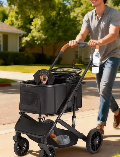 Vista 2 de Cochecito para perros pequeños y medianos de hasta 60 libras, cochecito plegable para mascotas con 4 ruedas con transportador desmontable