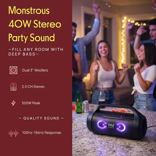 Vista 4 de Pyle Altavoz portátil Bluetooth Boombox – 40 W de potencia máxima, 2.0 canales recargable estilo barril altavoz con TWS, luces LED – entrada AUX