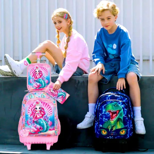 Vista 6 de gxtvo Mochila con ruedas de 3 piezas para niños, bonita mochila escolar con ruedas, resistente al agua para escuela primaria, Juego rodante sirena