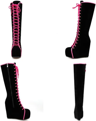Vista 10 de Parisuit Botas góticas altas hasta la rodilla con hebilla de plataforma para mujer, tacón alto grueso, con cordones, botas de combate punk, con Negro