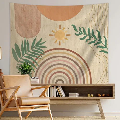 Vista 2 de SUOTEMEIFEI Tapiz de arte bohemio con plantas, tapiz retro con plantas, puesta de sol, paisaje, estético, abstracto, para pared, dormitorio, sala