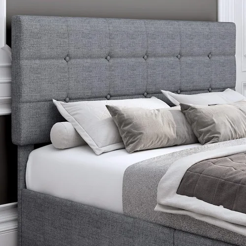 Vista 4 de Base de cama tapizada con 4 cajones de almacenamiento, diseño de cabecera copetuda con botones, fácil montaje, soporte de listones de madera,