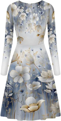Vista 2 de GLUDEAR Vestido de manga larga con cuello en V y volantes con estampado 3D de Van Gogh para mujer