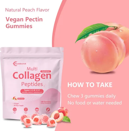 Vista 6 de Gomitas de colágeno marino de 180 unidades para mujeres y hombres, sin azúcar, péptidos de colágeno hidrolizados tipo I, II, III, V, X con 5000 Mcg