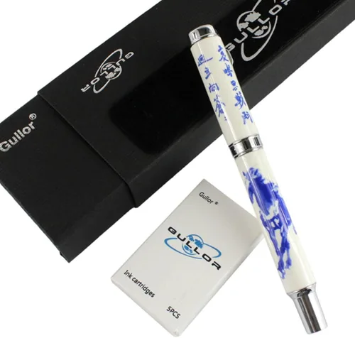 Vista 3 de Gullor Jinhao 950 Caballo de porcelana azul y blanco con caja de regalo y cartuchos de tinta
