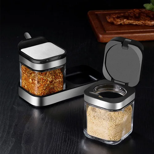 Vista 3 de V-Shine Contenedor de especias para condimentos con tapas y cucharas de acero inoxidable 304, recipientes de vidrio transparente para condimentos