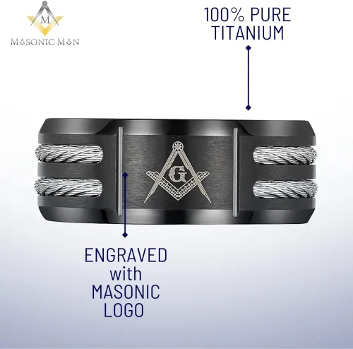 Vista 2 de MasonicMan Anillo masónico de titanio negro para hombre, grabado latino