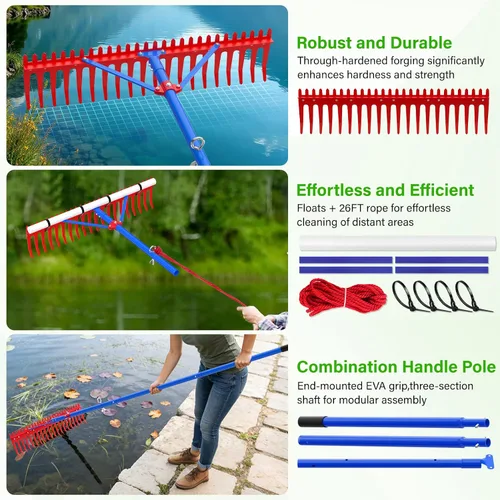 Vista 4 de Rastrillo para estanque acuático, rastrillo de malezas para estanque o lago con dientes de metal de 7 pulgadas, mango de extensión de 11 pies