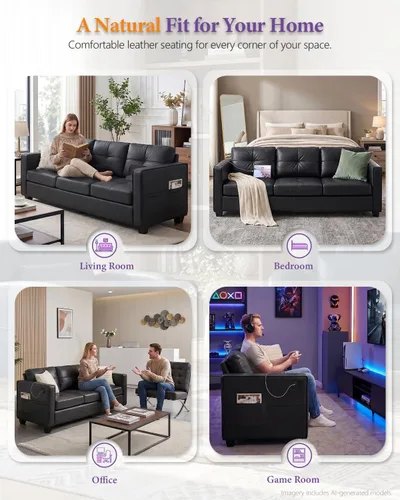 Vista 8 de Sofá seccional de cuero sintético negro, juego de sofá de 3 piezas para TYBOATLE Sofá modular convertible de cuero, cómodo mueble de 3 piezas