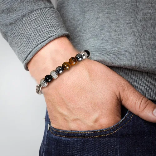Vista 4 de Pulsera de cuentas para hombre RANKEEF - Juego de pulseras ajustables y elásticas con cuentas de piedra natural multicolor de 6 y 8 mm - Pulseras