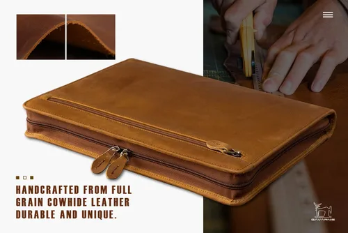 Vista 2 de Portafolio Carpeta Profesional de Cuero Genuino con Cremallera para Hombres y Mujeres, Portafolio de Trabajo con Bloc de Notas para Reuniones