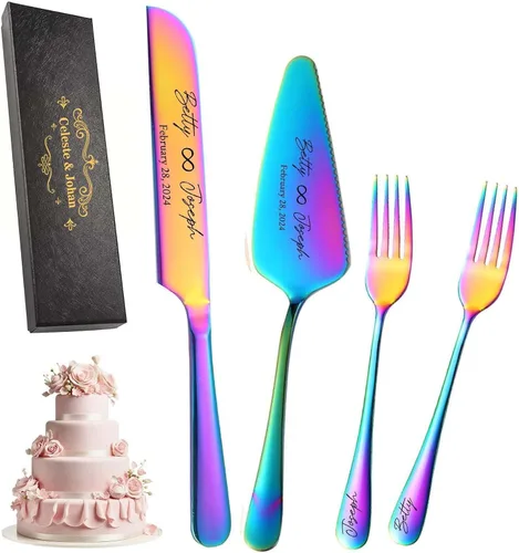 Vista 9 de Juego de cuchillos y servidores personalizados para tartas de boda, tenedores de acero inoxidable, cortador de tartas, juego de corte de pastel
