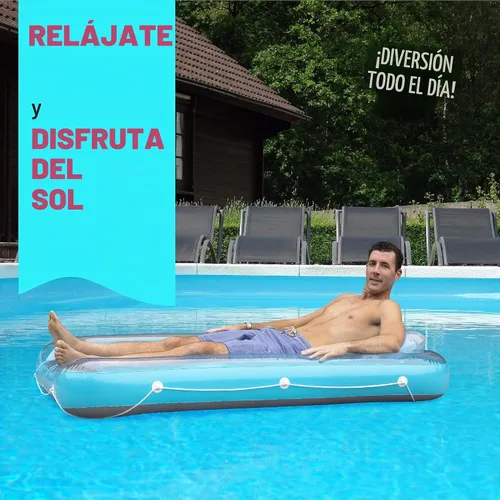Vista 5 de Flotador inflable azul para tumbona de bronceado – Piscina personal con almohada – 13 años +