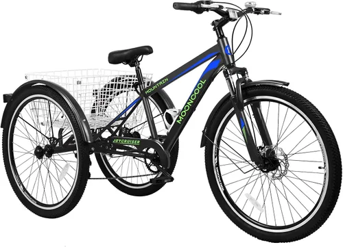Vista 9 de NAIZEA Triciclo de montaña para adultos, bicicleta de crucero de 7 velocidades y tres ruedas, triciclos para adultos de 27.5 pulgadas con cesta