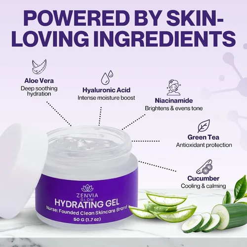 Vista 4 de Gel hidratante para la cara (1.76 oz) – Hidratante facial hidratante con aloe vera, niacinamida y vitamina E – Hidratante a base de agua