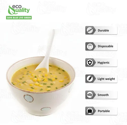 Vista 2 de [Paquete de 100] Cucharas de sopa asiáticas desechables para comedor, cucharas de sopa china de plástico blanco para ramen, pho, transparente