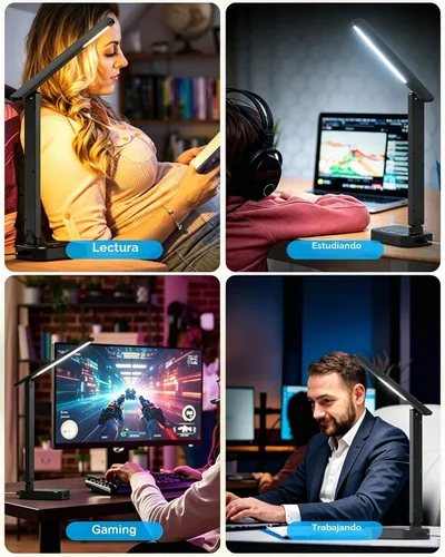 Vista 7 de One Beat Pequeña lámpara LED de escritorio, cable de extensión de 5 pies con 3 tomas, 4 puertos USB (2 USB C), 4 modos, lámpara táctil de 5 niveles