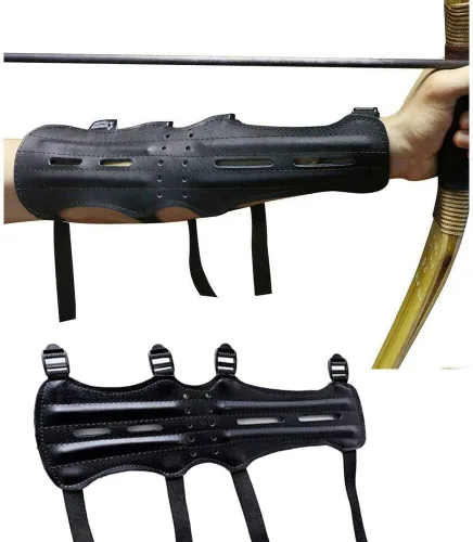 Vista 3 de Guardia de brazo de cuero con tiro con arco largo 4 correas antebrazo equipo de protección caza flecha arco