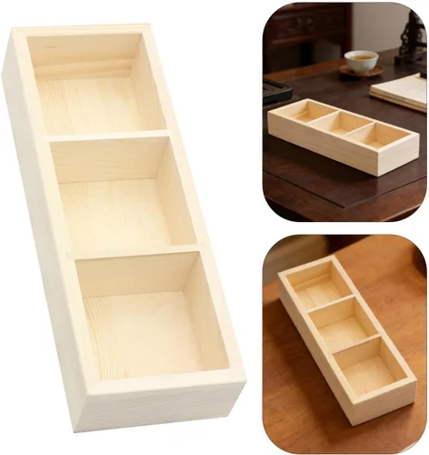 Vista 7 de Small Tea Box with 3 Compartments, Solid Wood Storage Organizer