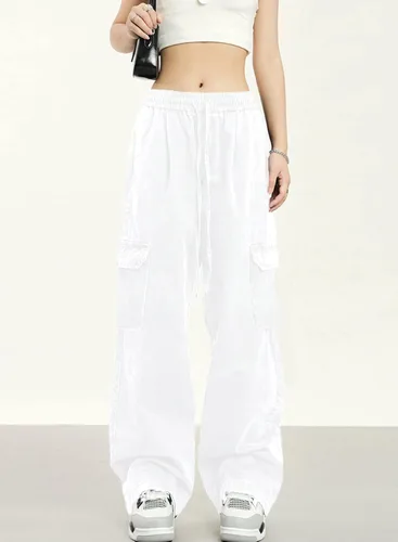 Vista 6 de Dokotoo Pantalones cargo de cintura alta y pierna ancha para mujer, con 6 bolsillos, holgados, informales, de combate, militares