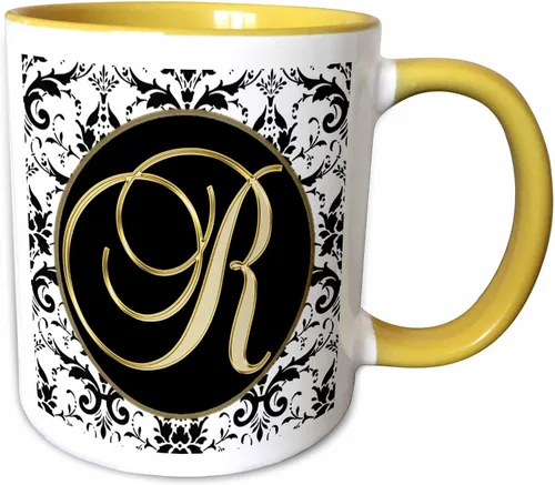 Vista 12 de 3dRose Imagen de la letra R en negro blanco y dorado 11oz taza negra de dos tonos