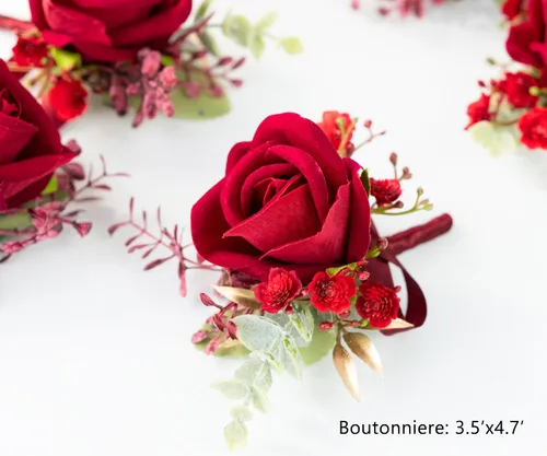 Vista 2 de Juego de ramillete y boutonniere para novio, novia, padrinos de boda, fiesta de graduación, rosas artificiales para hombres, boda, madre, abuela