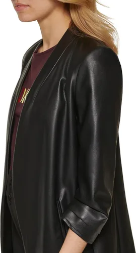 Vista 2 de DKNY Chaqueta de cuero vegano con manga 34 para mujer, Negro