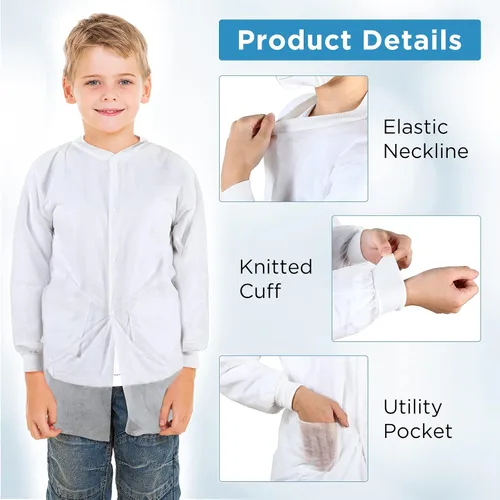 Vista 3 de 10 abrigos de laboratorio desechables para niños, abrigos de ciencia blancos a granel para niños con puños de punto elástico y cierre frontal a