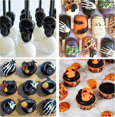Vista 4 de 5 moldes de Halloween, moldes de fondant de murciélago de esqueleto para fiesta de Halloween, decoración de cupcakes, molde de caramelo