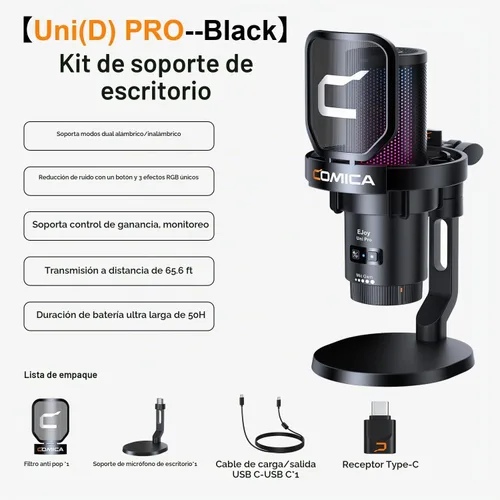 Vista 9 de COMICA Ejoy Uni PRO (D) Micrófono inalámbrico USB para juegos con reducción Negro