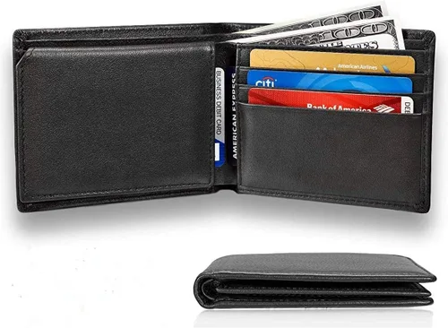 Vista 4 de Billetera de bolsillo de cuero con protección RFID para hombre con caja de regalo con ventana de identificación