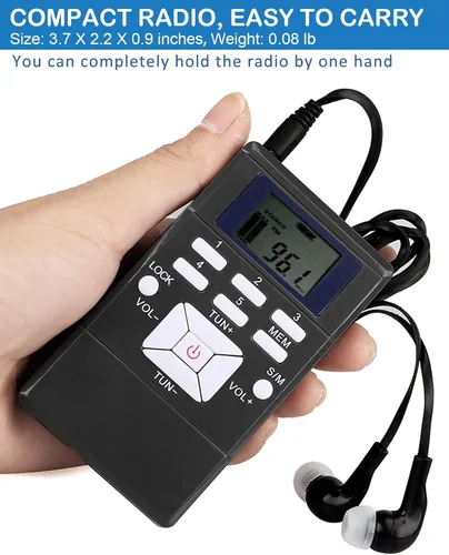 Vista 3 de ZHIWHIS Mini radio FM portátil, pantalla digital LCD estéreo, sintonización, transistor, receptor de conferencias con auriculares, radio de bolsillo