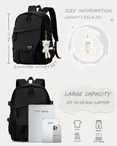 Vista 6 de Caoroky knight Mochila para portátil universitaria para hombres y mujeres, mochila grande para libros, ligera, mochila de viaje y día a día, Negro