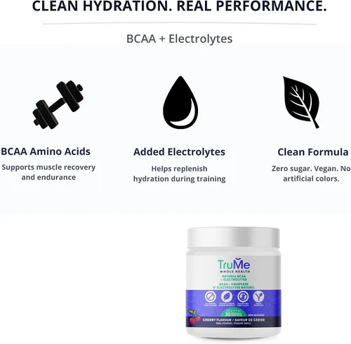 Vista 4 de TruMe Clean - Polvo de electrolitos BCAA vegano - Cereza - 2:1:1 sin azúcar sin sucralosa BCAA Aminoácidos Suplemento para mujeres/hombres