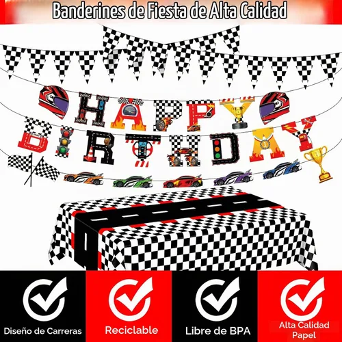 Vista 6 de WNINK Manteles con temática de auto de carreras, cartel de feliz cumpleaños, mantel rectangular de carreras, kit de decoración de fiesta de auto