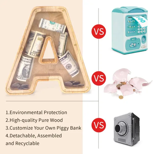 Vista 4 de WOOD CITY Alcancía con letras para adultos, niños y niñas, de madera de 9 pulgadas, caja de dinero personalizada grande de 9 pulgadas, nombre