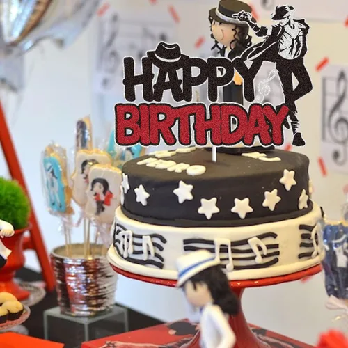 Vista 4 de Genial decoración de pastel de cumpleaños con purpurina negra y roja con purpurina bailarina, King of Pop, suministros para fiestas temáticas
