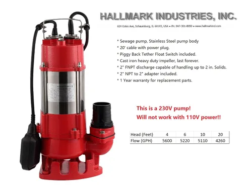 Vista 3 de Hallmark Industries MA0387X-8A Bomba de aguas residuales con interruptor de flotador, 3/4 HP, 230 V, 5,600 GPH máximo, elevación de 38 pies, acero