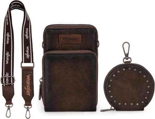 Vista 6 de Wrangler Bolsos cruzados pequeños para mujer, bolso cruzado para teléfono celular, cartera con ranuras para tarjetas de crédito WG117-207CF, B Café