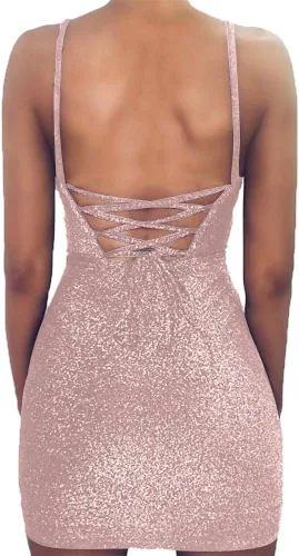 Vista 2 de VANCOL Vestido sexy de fiesta para mujer con purpurina y tirantes delgados con cordones en la espalda