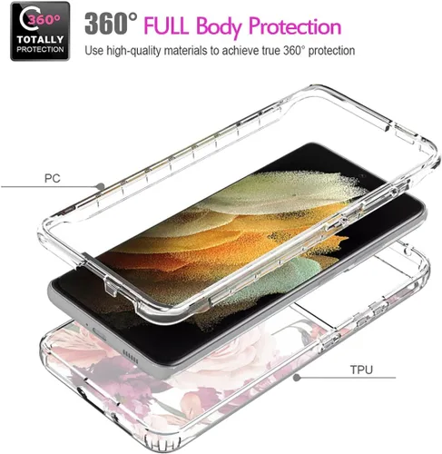 Vista 3 de Funda para Galaxy S21 Ultra 5G, SM-G998U con protector de pantalla de vidrio templado, cuerpo completo transparente con protección floral