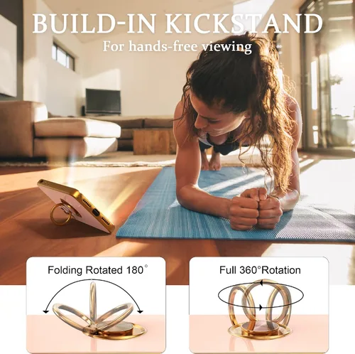 Vista 5 de IDweel Funda para iPhone 11 con soporte de anillo de 360° con soporte magnético, ligera, delgada, borde de oro rosa, TPU suave, protección