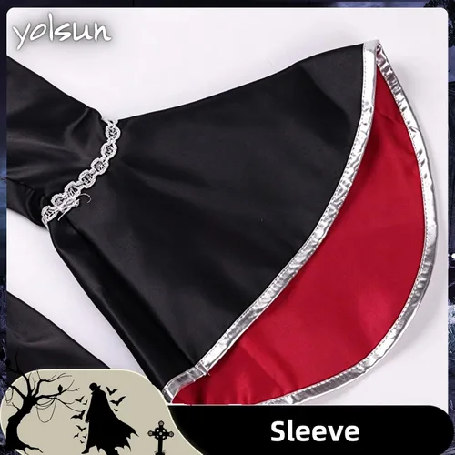 Vista 4 de yolsun Disfraz de vampiro para niñas, disfraz de reina medieval noble de Halloween Negro/Rojo