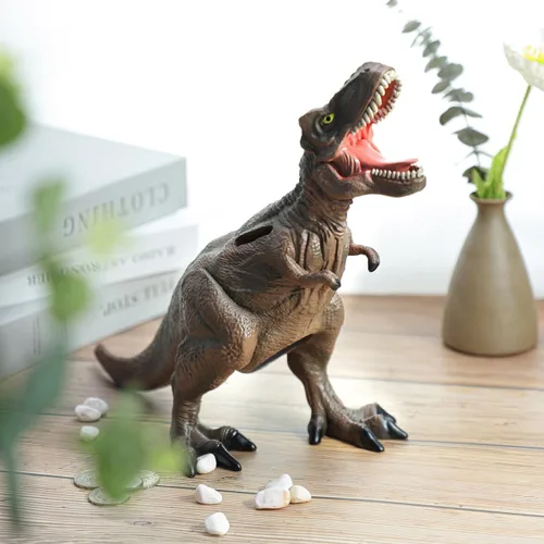 Vista 4 de Alcancía T-Rex de dinosaurio marrón resina, regalo de cumpleaños para niños.