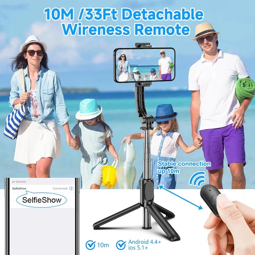 Vista 3 de SelfieShow Selfie Stick, Palo de Selfie Extensible con Trípode, Control Remoto Inalámbrico y Soporte de Trípode, Portátil, Ligero, Compatible