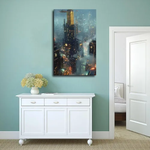 Vista 4 de Retro Futurism Cityscape Print – Neon Sci-Fi Wall Decor – Cyber Steampunk Poster for Gamers & Collectors Canvas Poster Wall Art Decor Print Picture