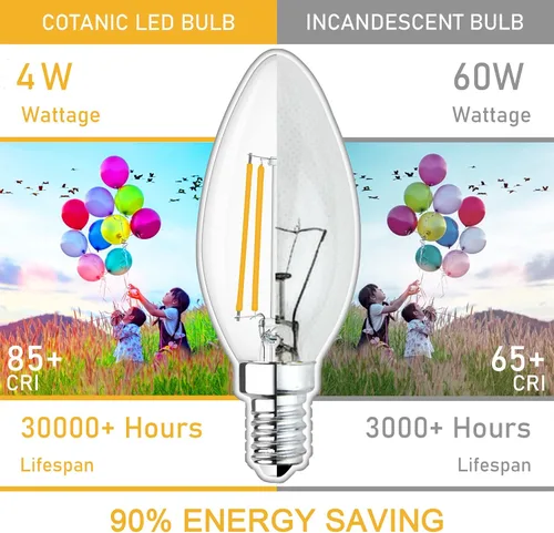 Vista 5 de Cotanic Bombilla LED regulable para candelabro de 2700 K, luz blanca cálida, base E12, equivalente a 60 W, bombilla tipo B con forma de vela